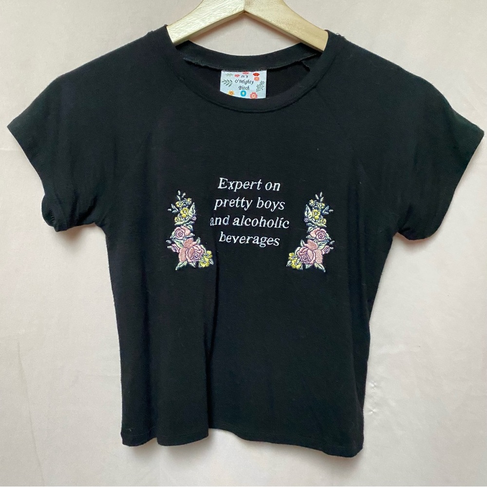 Omighty Floral Embroidered Hobbies Black Baby Tee Size Small Y2K Inspired